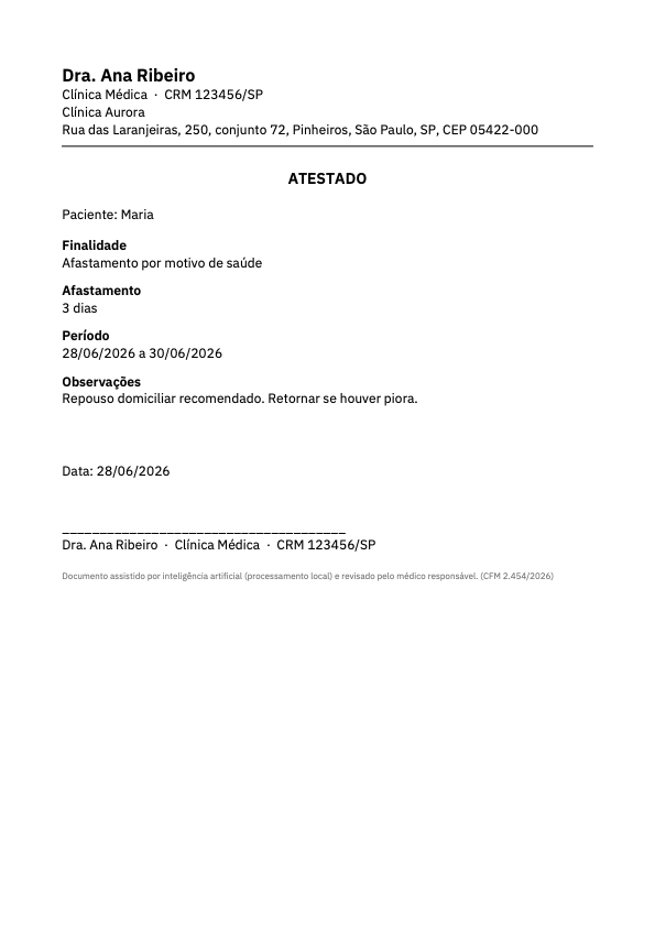 Atestado em PDF pronto para assinar.