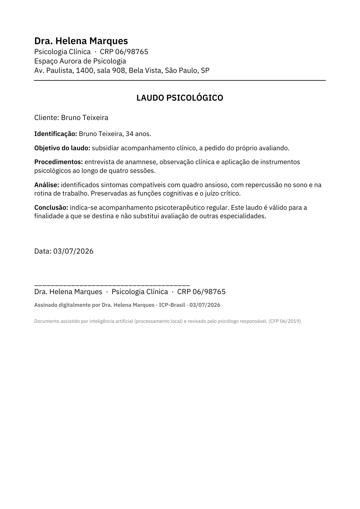Laudo: Laudo psicológico com objetivo, procedimentos e conclusão.