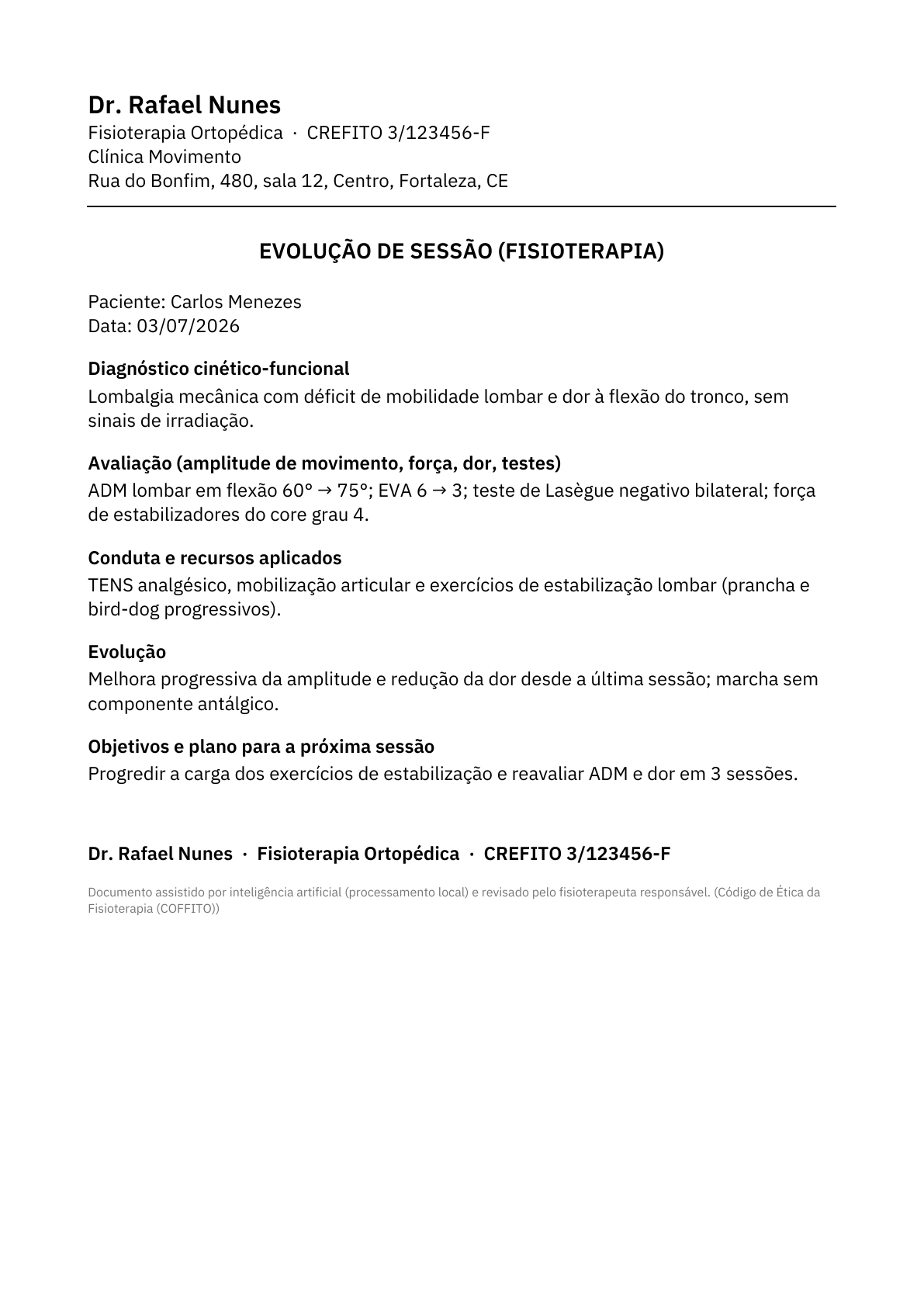 Evolução de sessão de fisioterapia em PDF, com diagnóstico cinético-funcional e medidas (ADM, EVA).