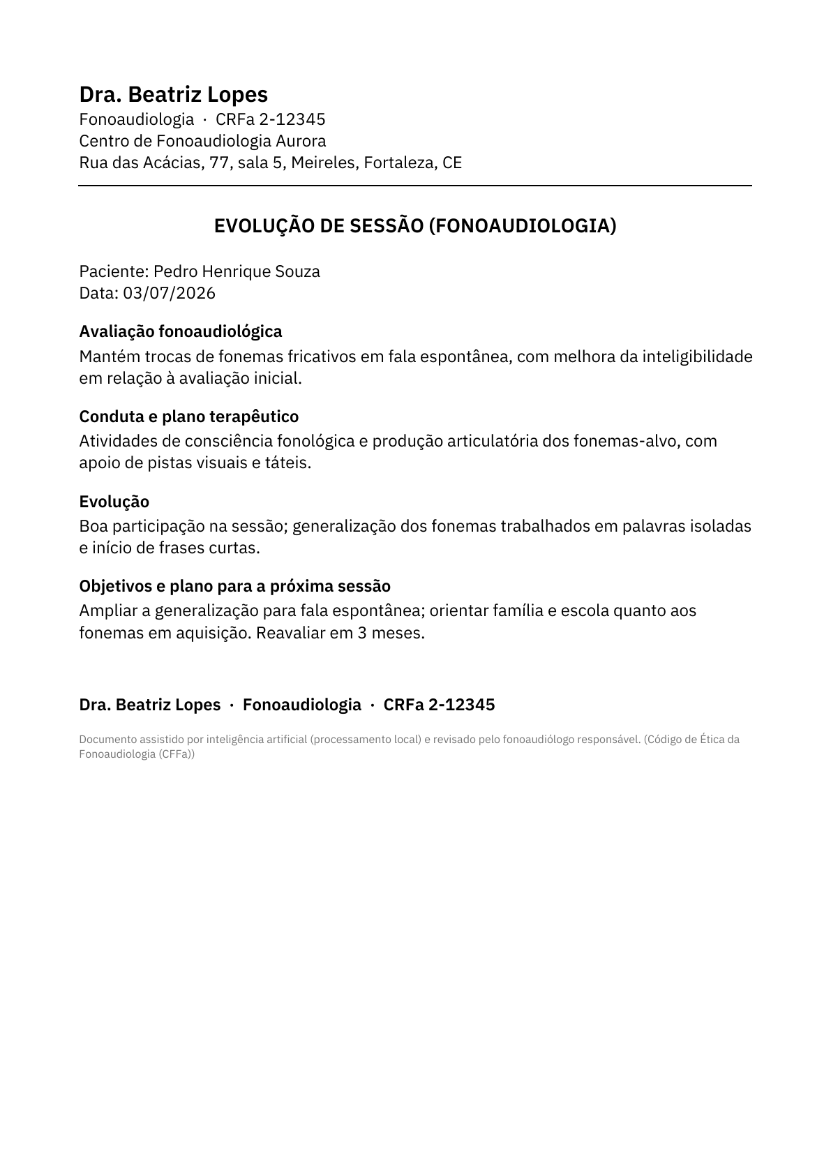 Evolução de sessão de fonoaudiologia em PDF, com avaliação, conduta e objetivos.