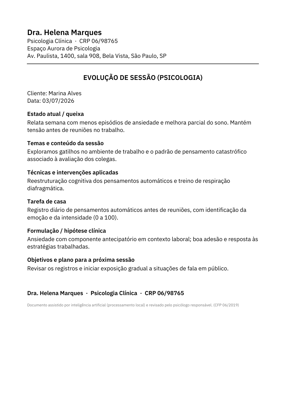 Evolução de sessão de psicologia em PDF, no vocabulário do CFP.