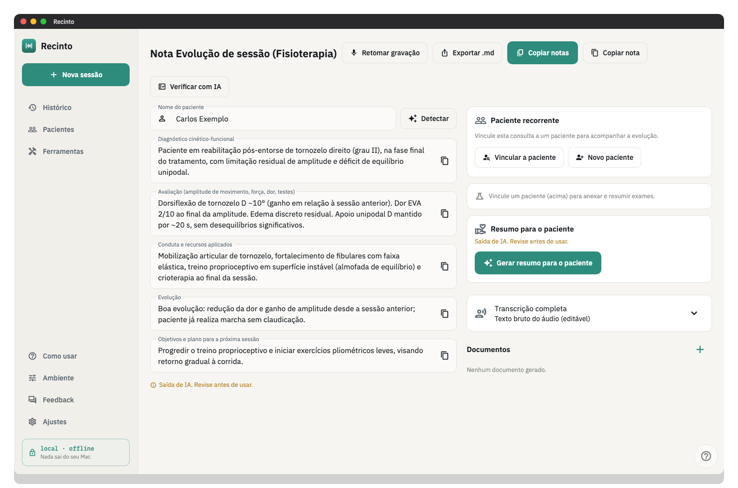Evolução de sessão de fisioterapia.