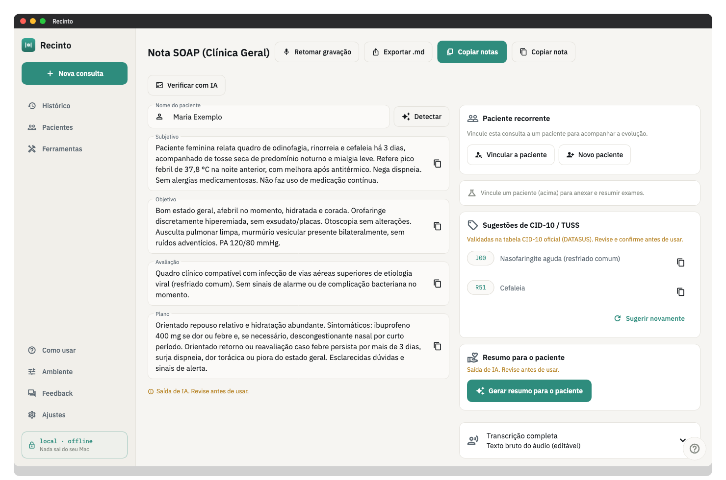 Nota clínica estruturada gerada automaticamente.