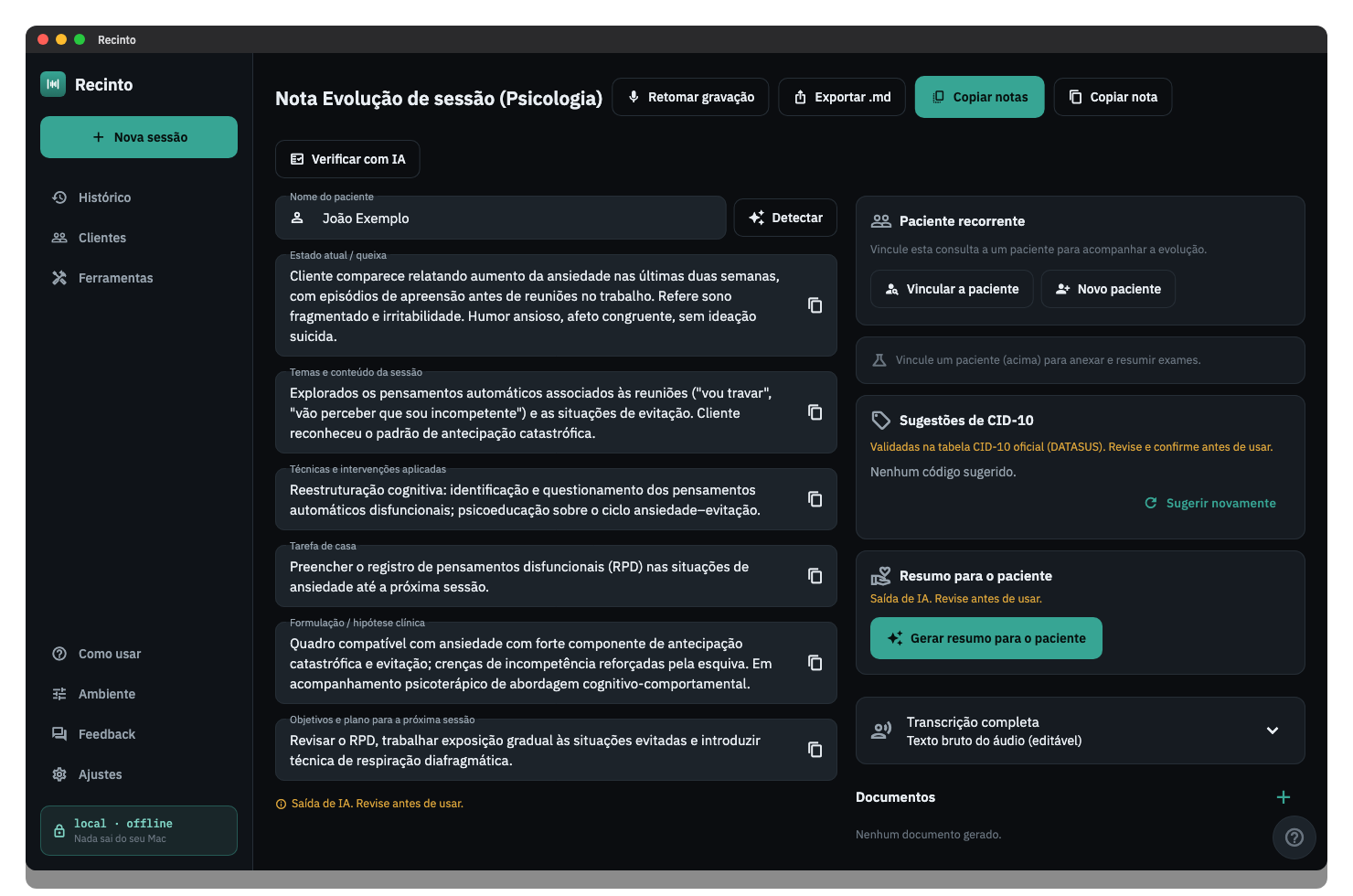 Evolução de sessão de psicologia.